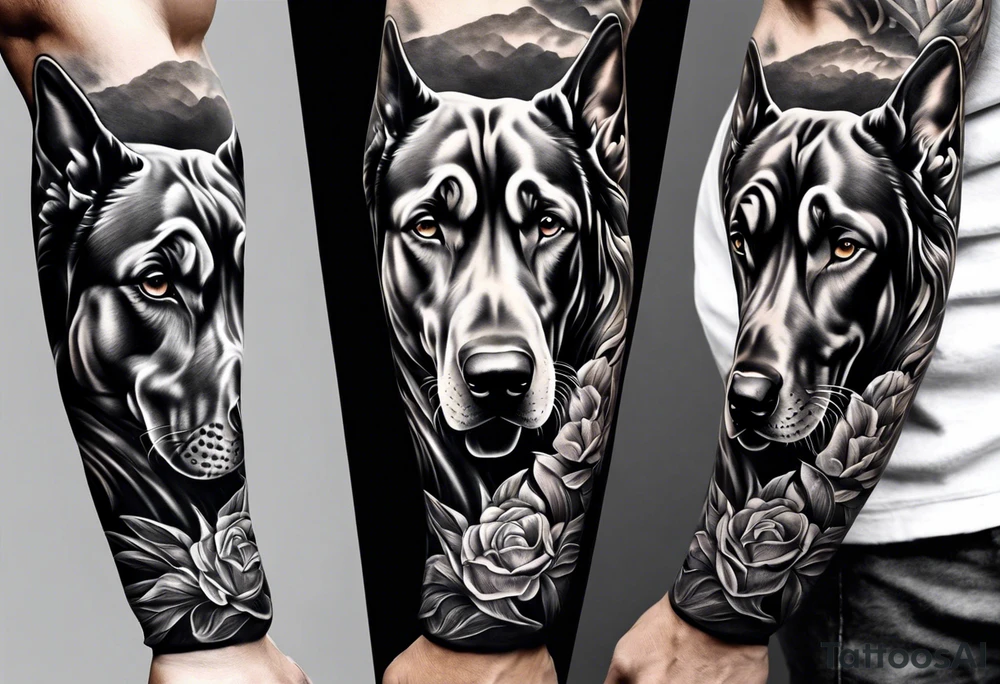 Full arm sleeve. Four Great Danes together exploring waterfall tattoo idea