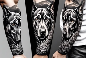 Full arm sleeve. Four Great Danes together exploring waterfall tattoo idea