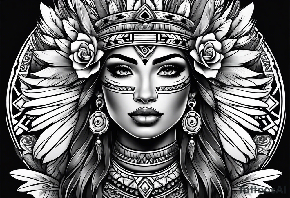 Aztec princess, feather roses tattoo idea