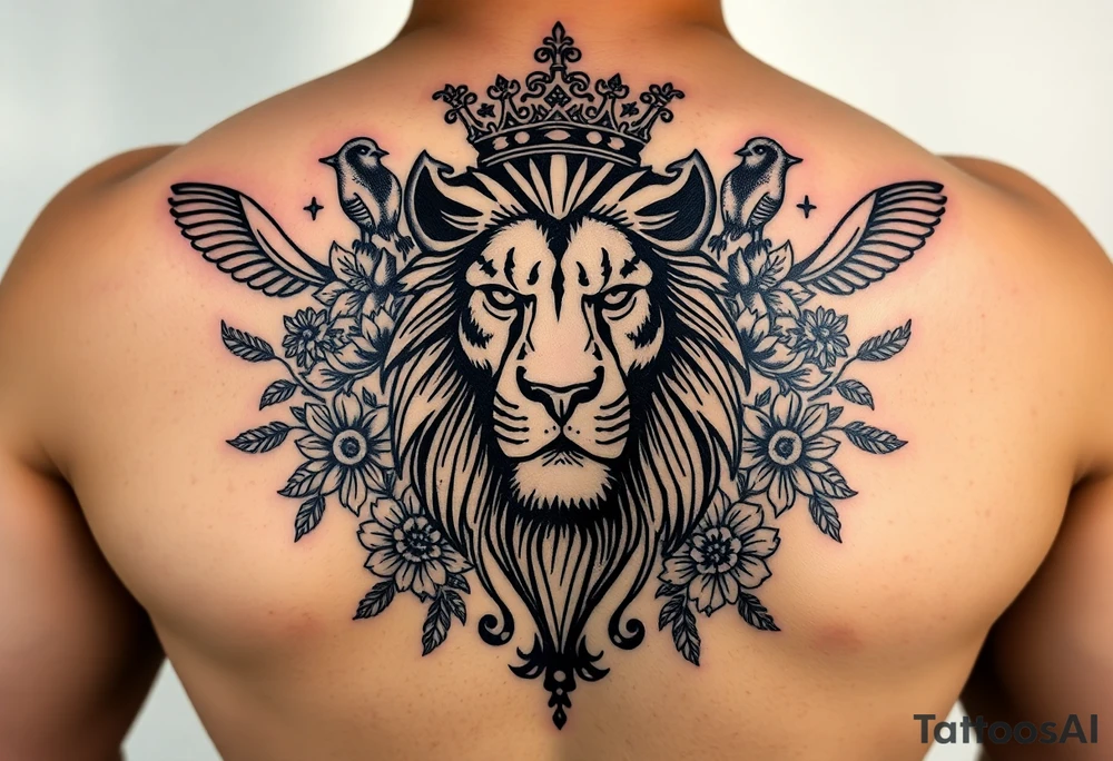 powerful majestic lion with a crown, surrounded by floral ornaments and birds tattoo idea