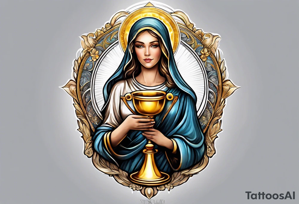 woman saint holding chalice surrounded by golden halo tattoo idea
