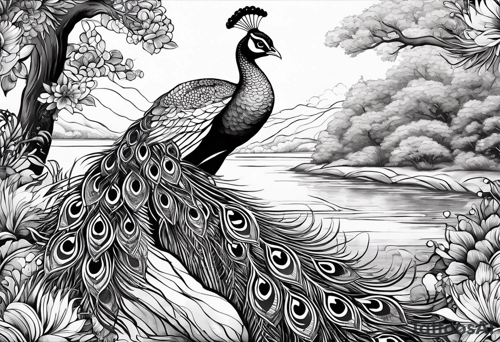 peacock along side a flowing  long river with oshun sitting at the end of it tattoo idea
