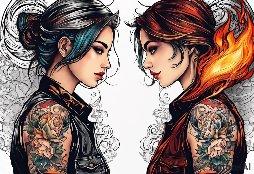 In thiele sfumato. A girl with an empty heart and a guy with a burning heart. They stand back to back tattoo idea