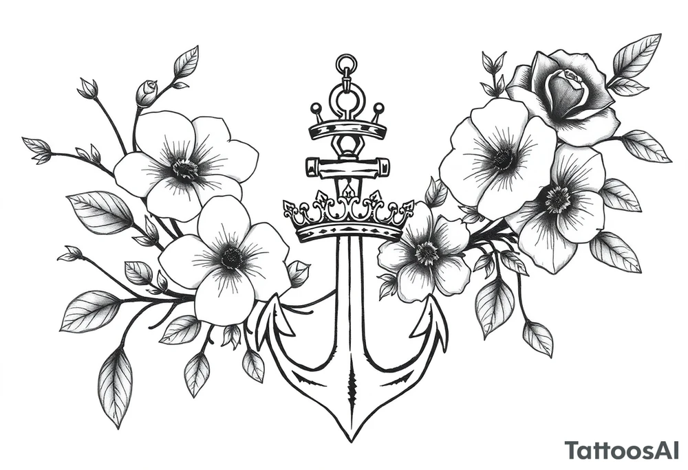 detailed beautiful gothic boho flowers on vine with gorgeous crown and anchor tattoo idea