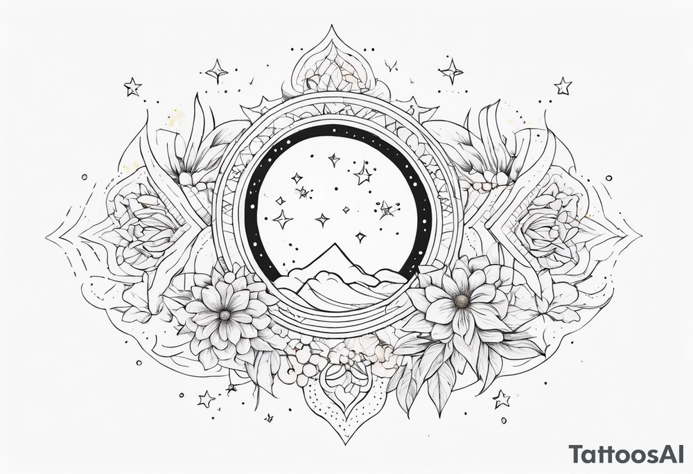 fine line with sun, stars, floral, dots. Sternum tattoo tattoo idea