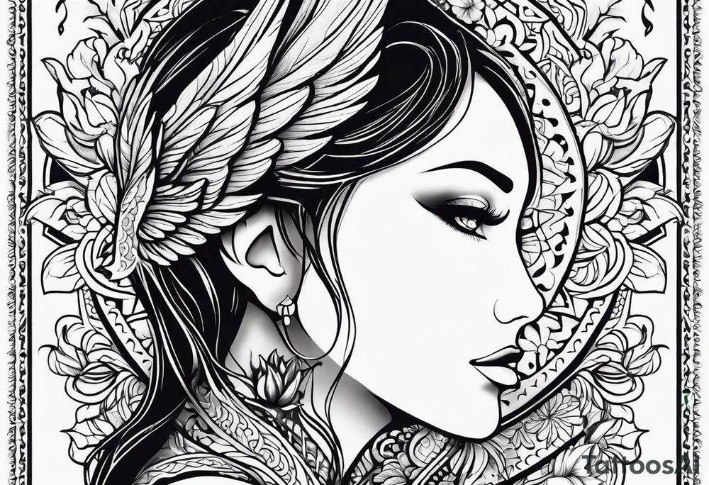 Woman's sleeve tattoo, tribal, bohemian, negative lace, ancient symbolism with Phoenix rising, mandala sun, beautiful flowers, lilies tattoo idea