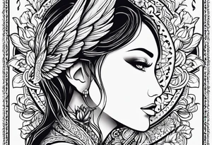 Woman's sleeve tattoo, tribal, bohemian, negative lace, ancient symbolism with Phoenix rising, mandala sun, beautiful flowers, lilies tattoo idea