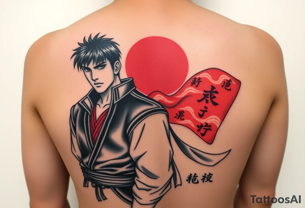 ryo hazuki together with shenhua ling from shenmue video game with ancient raising sun japanese flag, identic look, style and clothes as in video game, text: シェンム, contrast colors, forearm and mid size tattoo idea