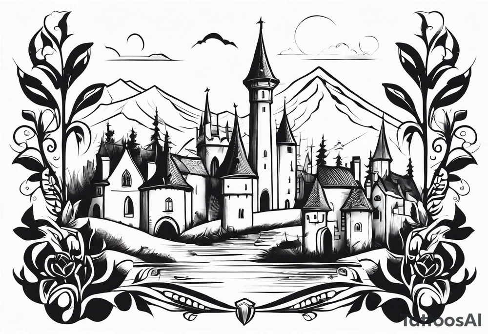 medieval tribal city 
floral  land  vignette tattoo idea