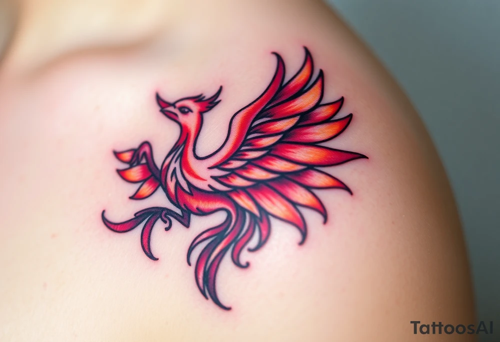 Phoenix rising from the ashes with the colors red, pink, orange and purple. Size 3 cm wide and 5 cm high tattoo idea