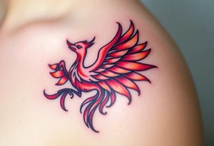 Phoenix rising from the ashes with the colors red, pink, orange and purple. Size 3 cm wide and 5 cm high tattoo idea