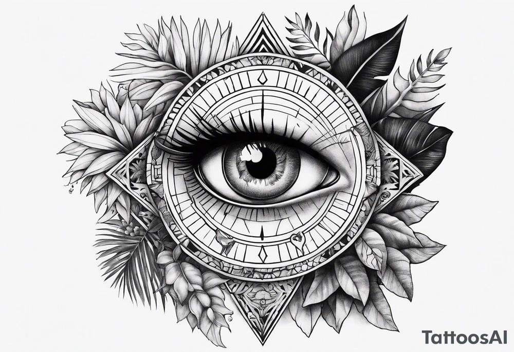sleeve tattoo with all-seeing eye and jungle plants tattoo idea