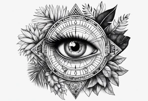 sleeve tattoo with all-seeing eye and jungle plants tattoo idea