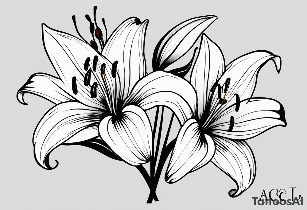 I'm looking for a tattoo design featuring tiger lilies with the initials 'SAC' incorporated into the stems. I envision a black and white style, sleek and minimalist, with clean lines and shading for depth.
Could you recreate this concept with your artistic touch? tattoo idea