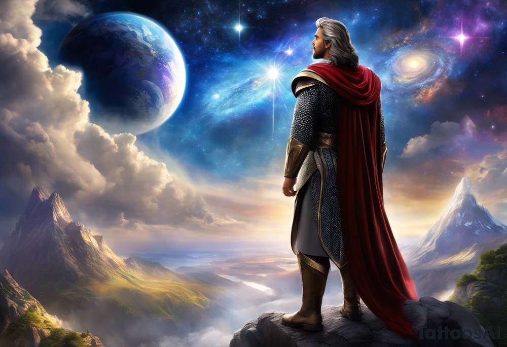 Jehovah looking out at the marvels of his creation from the atoms to the galaxy and celestial beings. With grey wash and a fantasy theme. Jehovah has to be a character who is so majestic, charismatic, immensely powerful. There isnt a single thing he isnt capable of doing. Infinitely powerful forward facing. Without the pagan styled attire and without the pagan symbols etceterashirtless, large muscular athletic physique, deep muscle definition tattoo idea