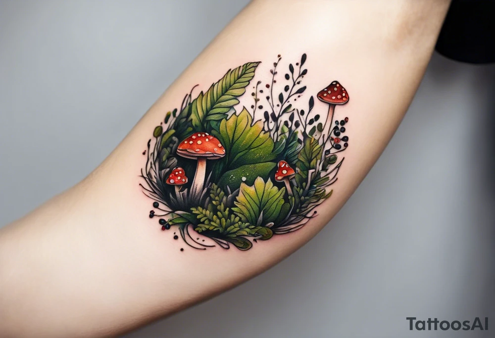 minimalistic forest floor inspired tattoo, which includes grass, moss, curly ferns and dead leaves as the bulk of the tattoo. details to include: forest berries, couple of very small brown mushrooms, a tiny bumblebee flying nearby tattoo idea