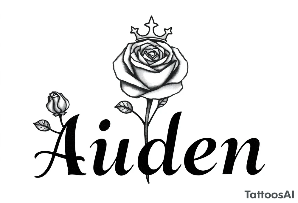 Rose with no stem with a kings crown above it and the name Aiden large Infront of it going to the right 


A rose bud with a kings crown on-top towards the left tattoo idea