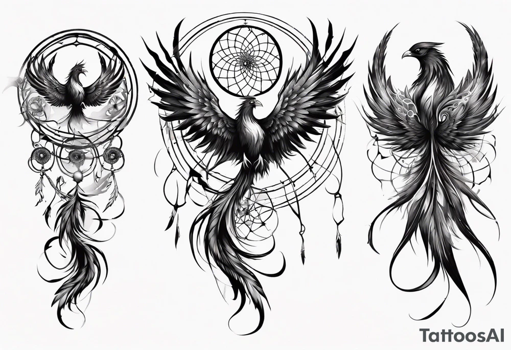 Vertical angry flying Phoenix with wings blending into circles and a long abstract dream catcher feather tail tattoo idea