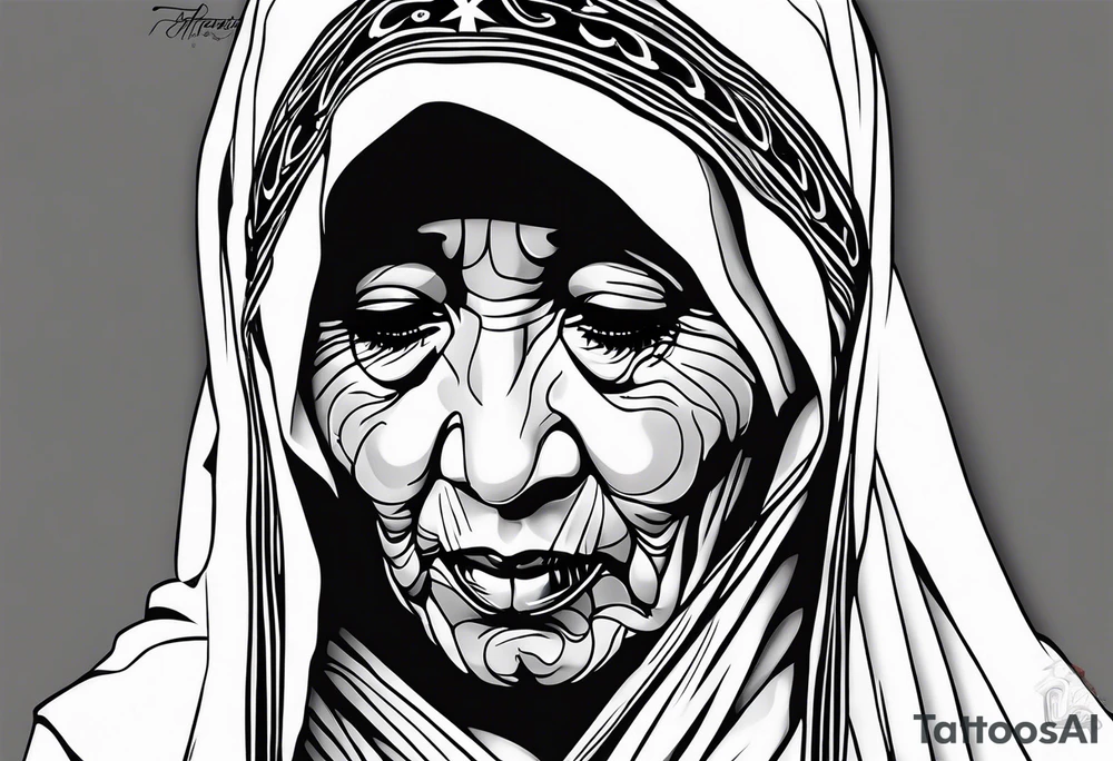 Mother Theresa looking down with black tears and rosary young version tattoo idea