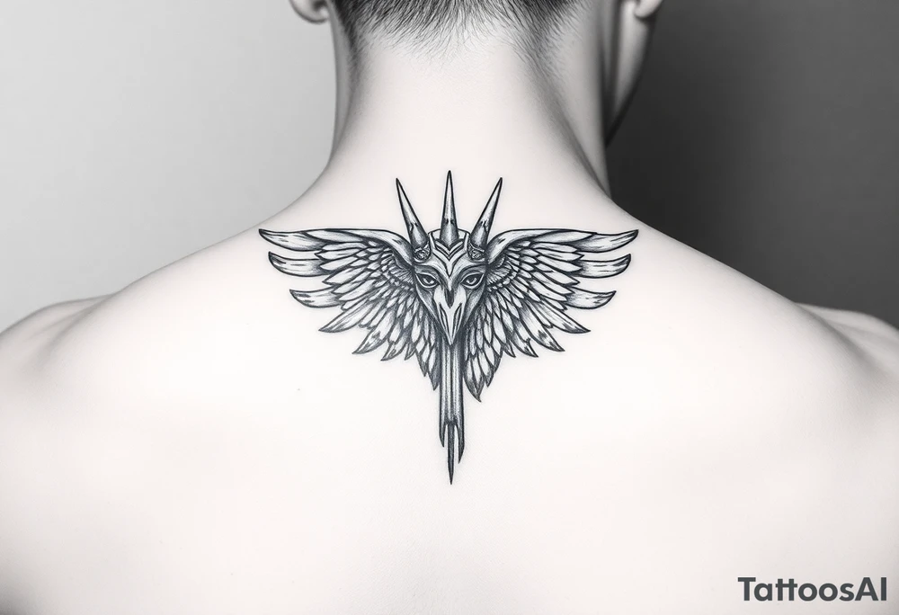 Tatuagem egípcia feminina detalhada, de um falcão representando a forma animal do deus egipicio Horus tattoo idea