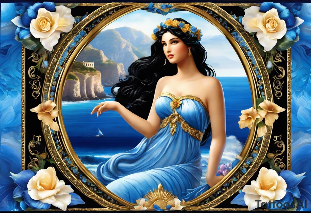 Aphrodite is the goddess of love, with a seaside background, surrounded by birds.. blue roses frames, background blue,present it in a, black hair, love motives, herat,motifs expressing love and the feeling of lovePortrait of Aphrodite: A face or full-length image of the goddess, often in a realistic style, perhaps decorated with flowers, seashells, or doves.

Symbols: Known symbols of Aphrodite include the rose, doves, shells and the mirror. These symbols can be displayed individually or in combination in a tattoo.

Mythological Scenes: Depictions of various mythological stories of Aphrodite, such as her birth from sea foam, as depicted in Botticelli's famous painting ("Birth of Venus").

Flowers: Roses or other flowers often associated with Aphrodite can give a particularly romantic and elegant look to your tattoo.

Mythological elements: Other mythological elements and figures associated with Aphrodite, such as Eros (Cupid), the god of love who is the son of Aphrodite. tattoo idea