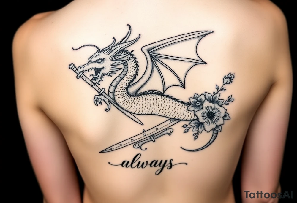 Dragon volando con la cabeza a la derecha y la cola hacia la izquierda. Que se encuentre enroscado por una espada y una tira de flores y que diga la.palabra always tattoo idea