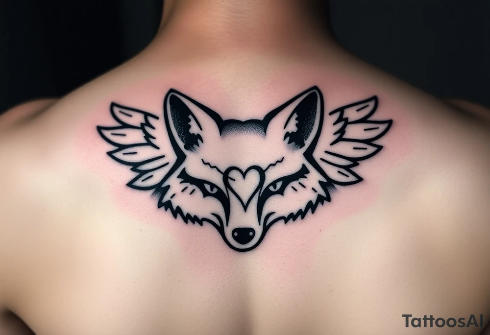 Fox racing head logo wrapped in angel wings and as one of the fox symbols ears put a thumbprint heart with a teal and purple ribbon also around the white tattoo put a lime green glow the fox head needs to be the fox racing logo tattoo idea