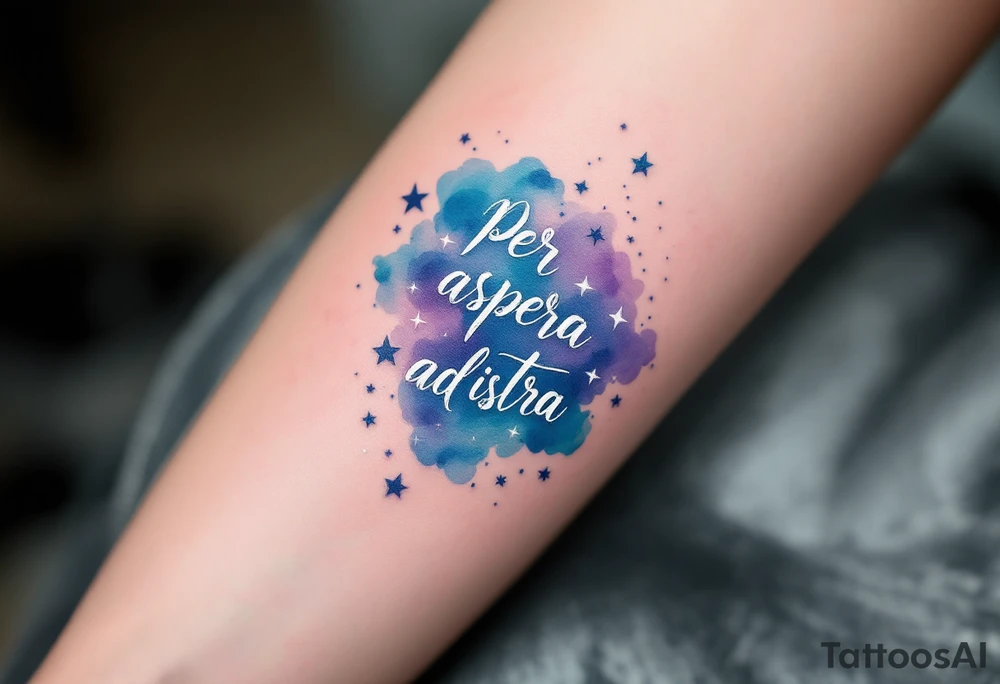 A celestial forearm piece features “Per aspera ad astra” in silver cursive beneath blue-and-purple watercolor stars. tattoo idea