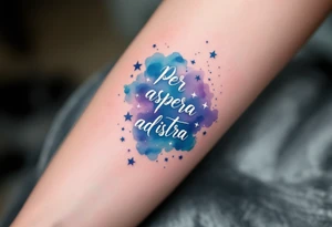 A celestial forearm piece features “Per aspera ad astra” in silver cursive beneath blue-and-purple watercolor stars. tattoo idea