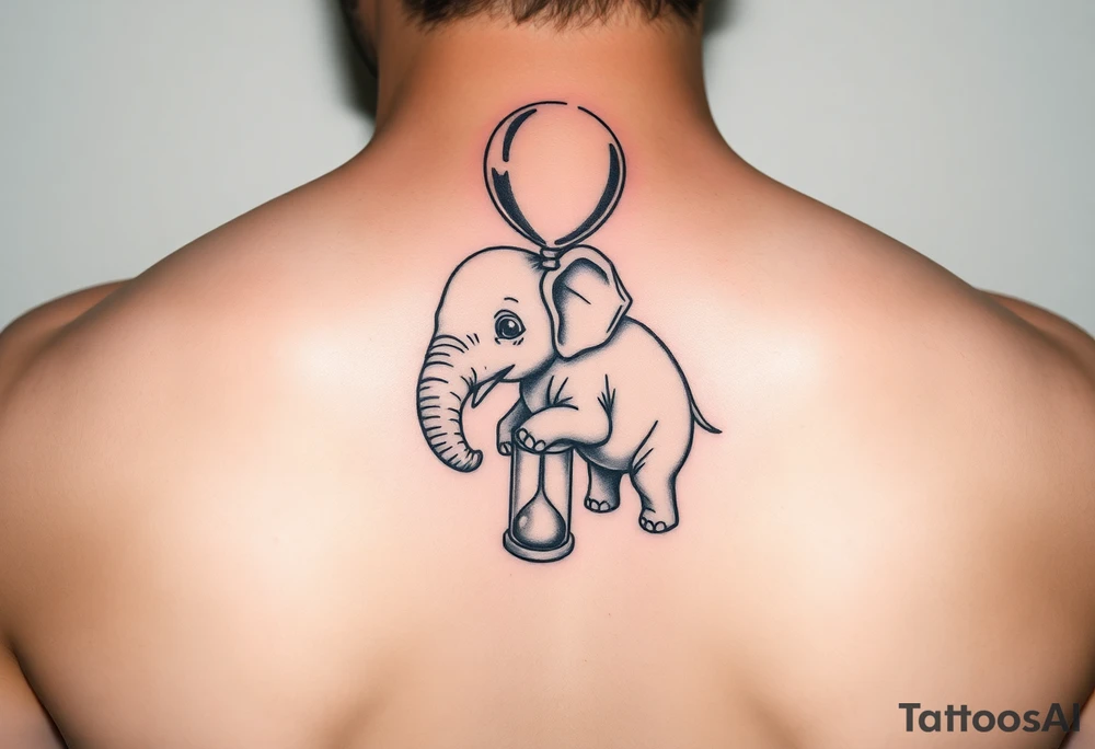 Baby elephant next to hour glass holding autism balloon tattoo idea