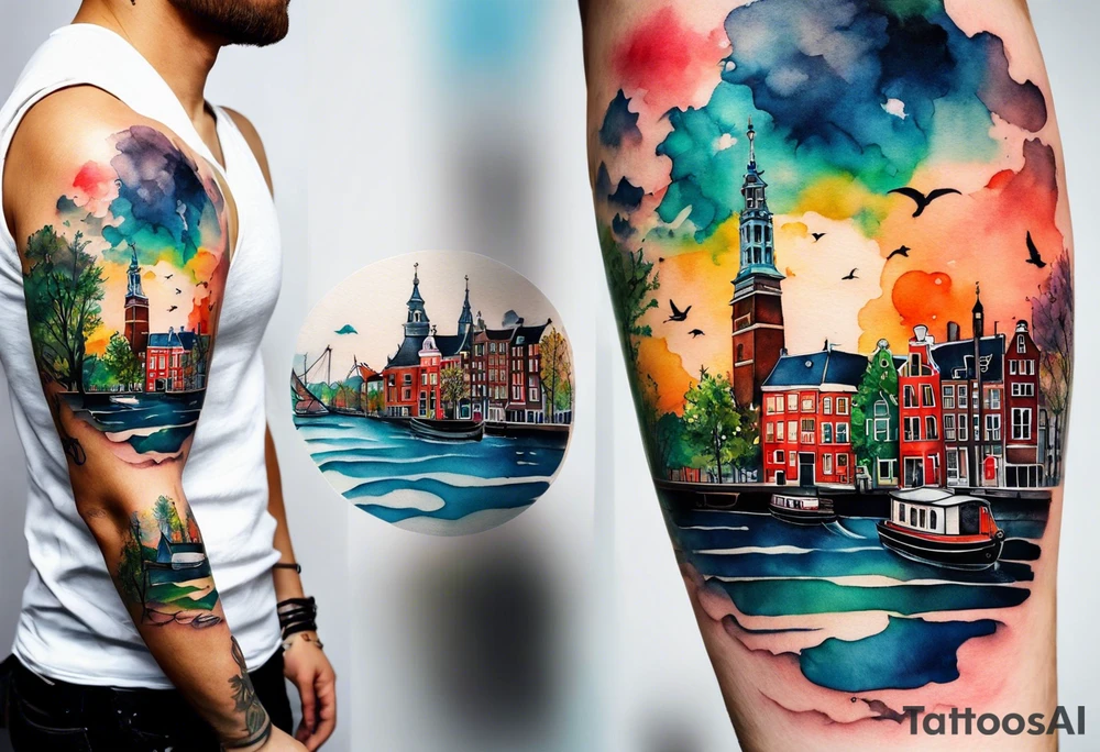 Watercolour style arm tattoo of animals and wildlife in Amsterdam canal tattoo idea