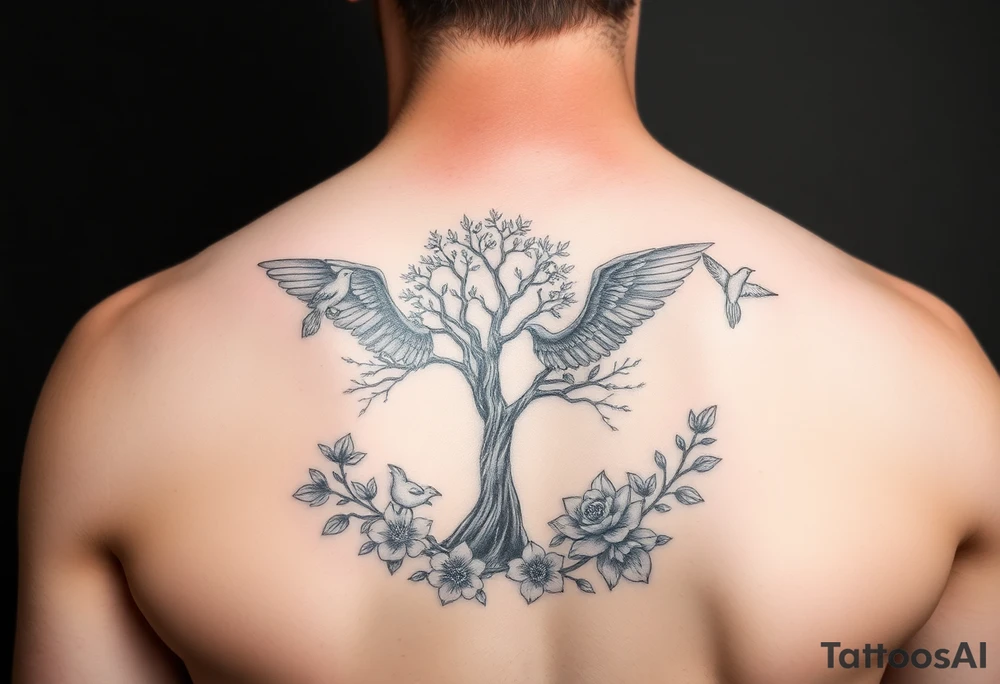 Angelic scene with tree, birds and flowers tattoo idea