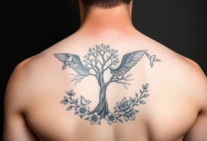 Angelic scene with tree, birds and flowers tattoo idea