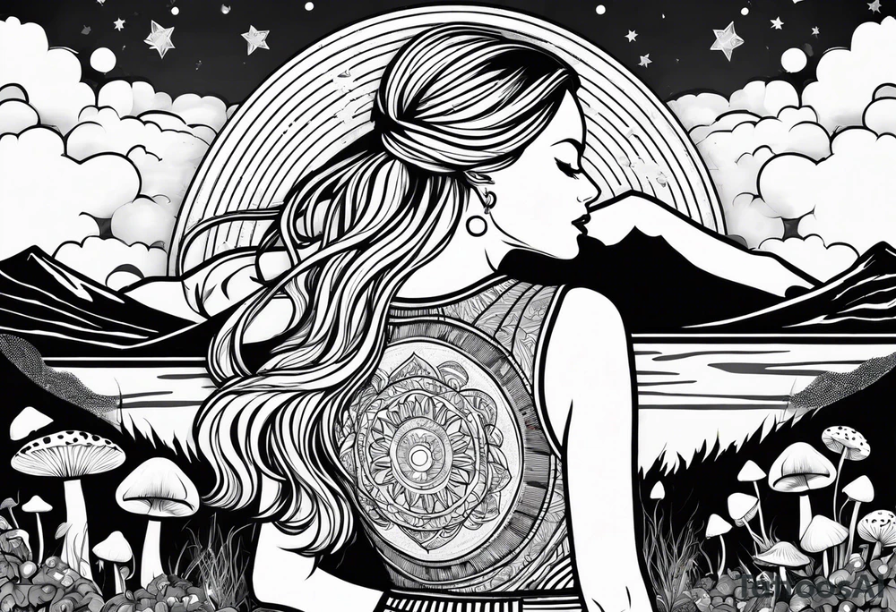 Straight blonde hair girl facing away toward mountains surrounded by mushrooms crescent moon mandala circular design black and white striped dress number 8 tattoo idea