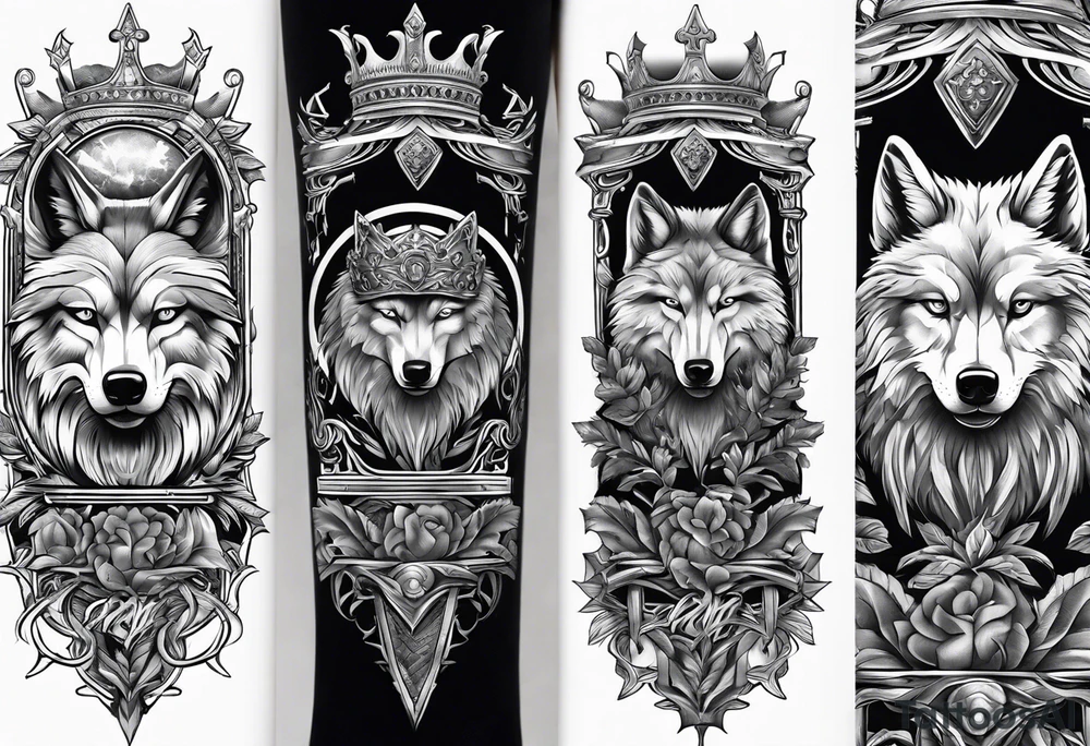 Create a vision of arm tattoo sleeve with combination of sword, crown, tree and three wolves to represent clients family roots tattoo idea