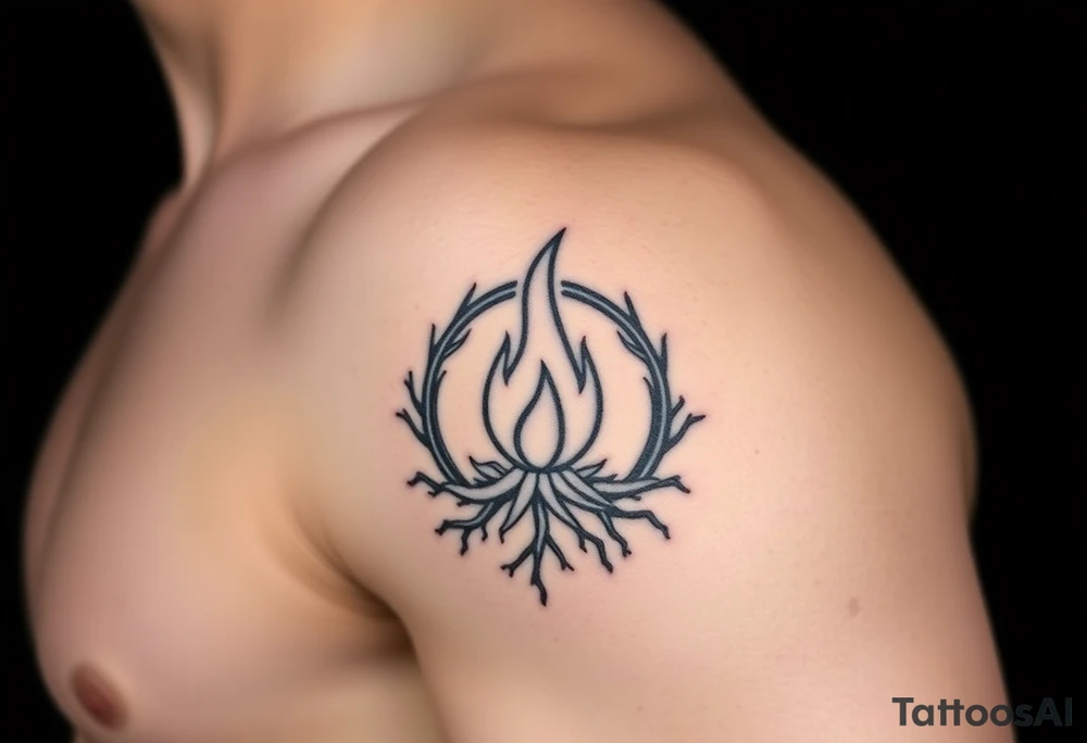 a round flame imprisoned in a roots circle tattoo idea