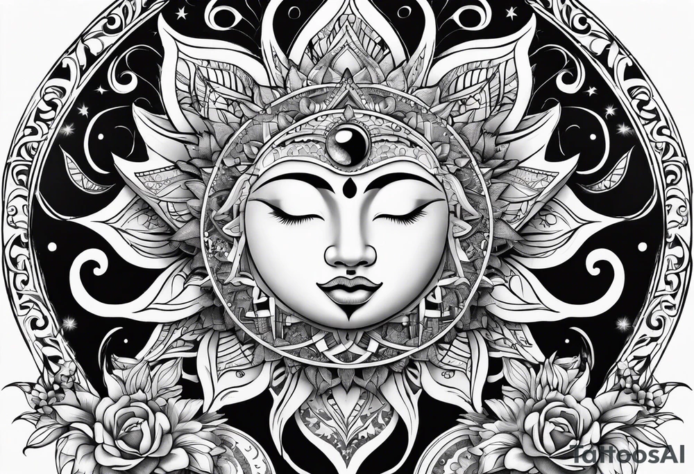 sun and moon tattoo flowing into mandala with butterflies tattoo idea