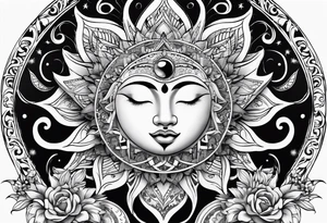 sun and moon tattoo flowing into mandala with butterflies tattoo idea