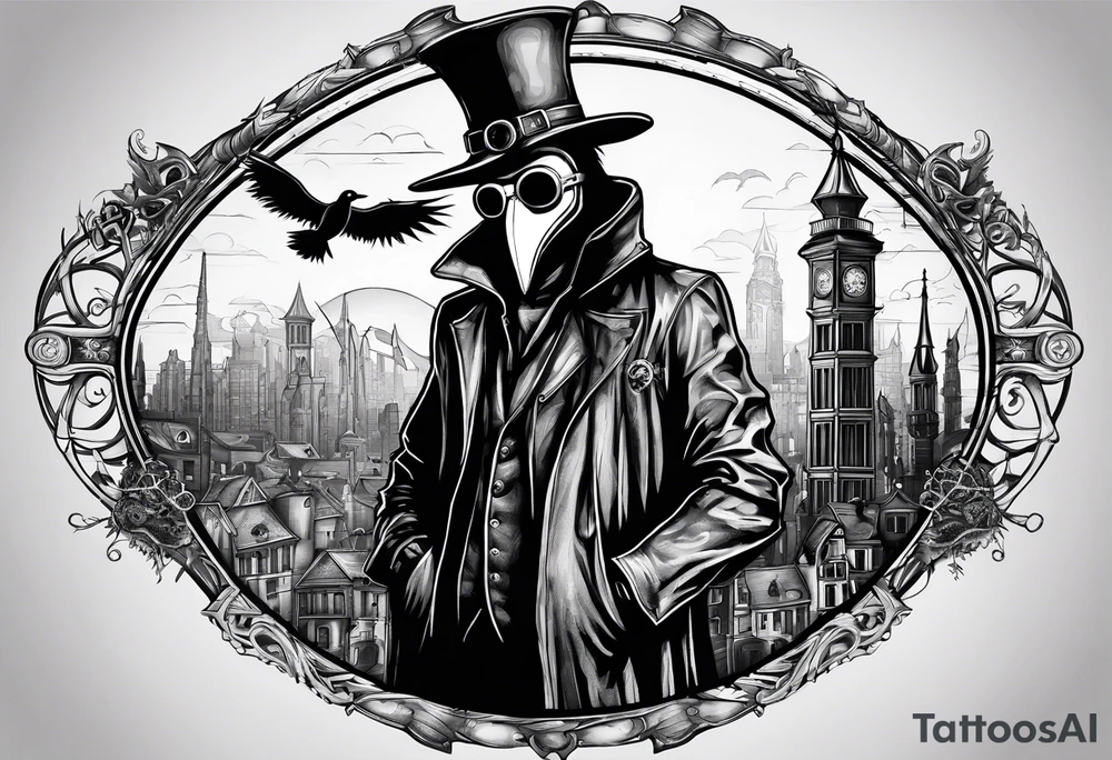 steampunk plague doctor 
city background tattoo idea