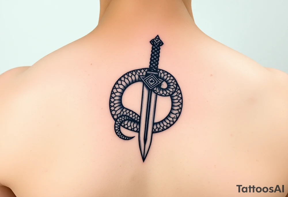 mystical snake coiled around an ancient dagger with jeweled hilt tattoo idea