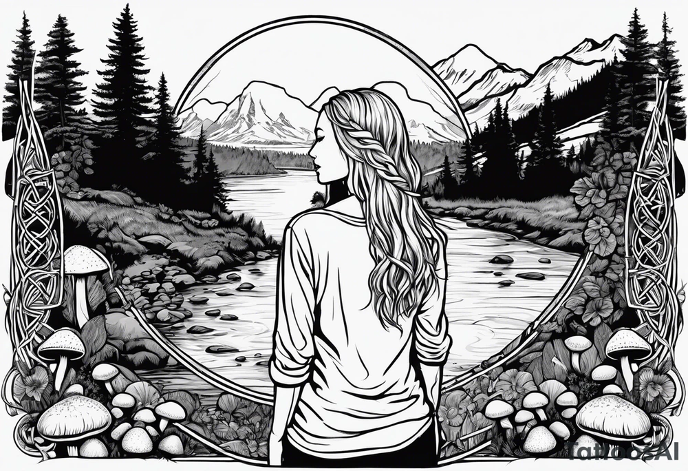 Whole picture encircled fully

Straight long blonde hair hippie girl in distance holding mushrooms in hand facing away toward mountains and creek surrounded by mushrooms long sleeve shirt and hiking pants; whole rendering within a full celtic circle, no cut off circle tattoo idea