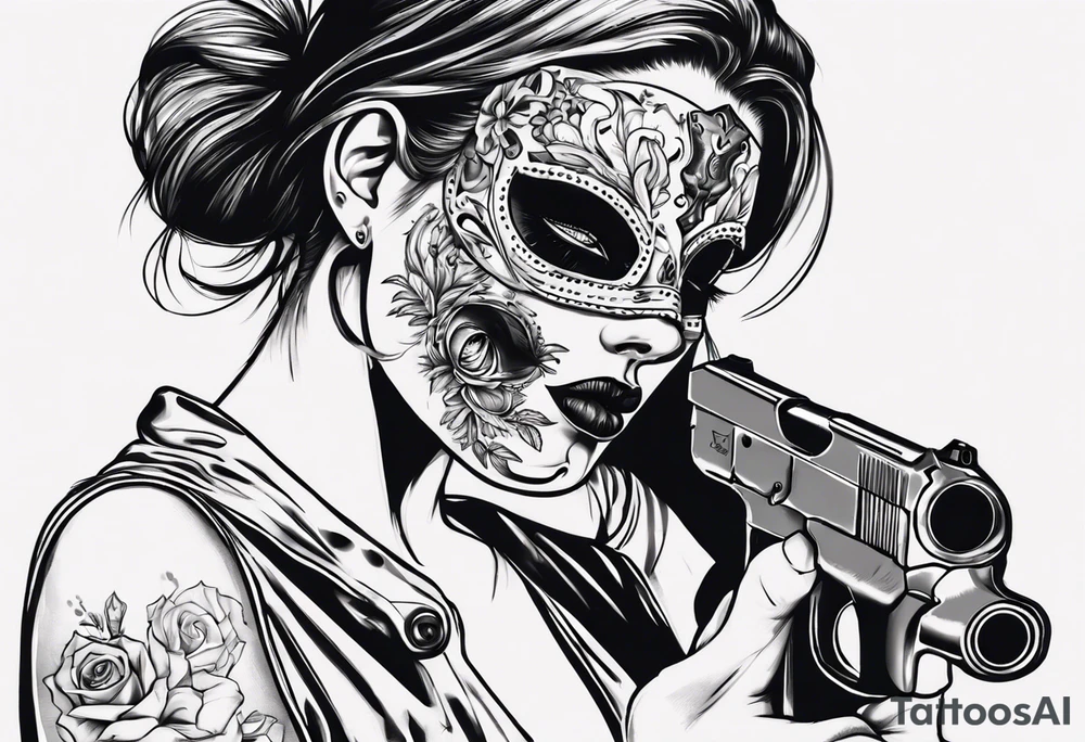 The girl’s face is covered with a mask, next to her is a hand with a pistol.  Sexy gun tattoo idea