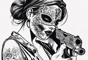 The girl’s face is covered with a mask, next to her is a hand with a pistol.  Sexy gun tattoo idea