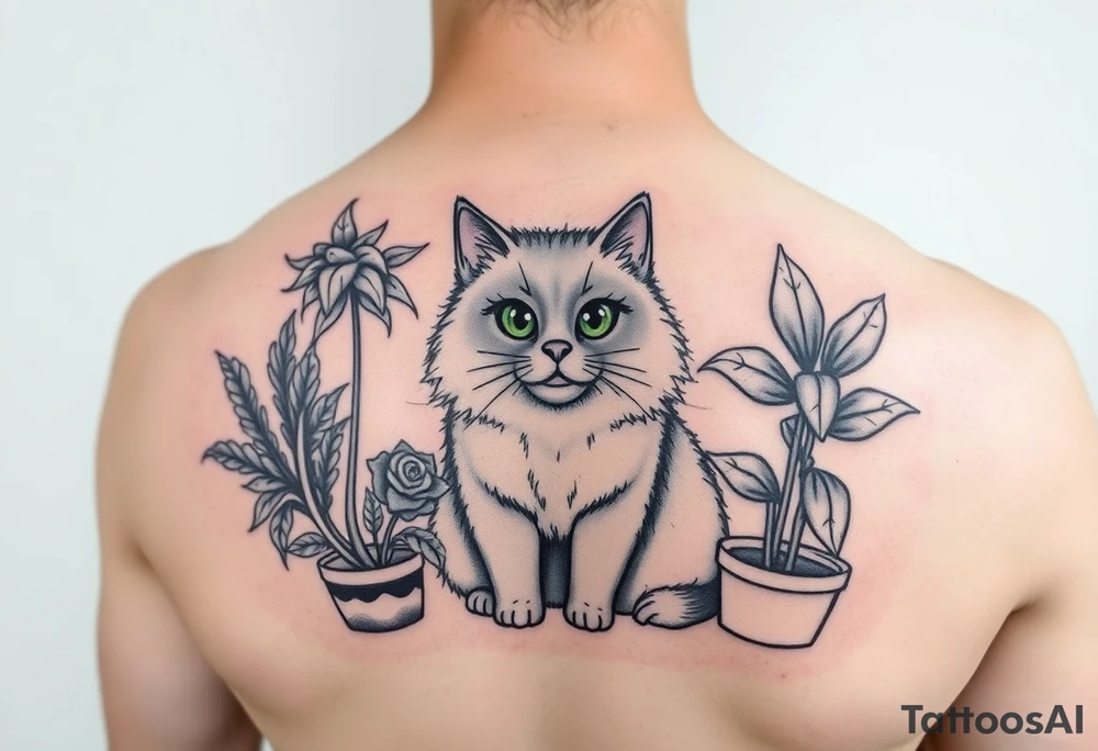 6x6 cartoonish tattoo of house plants and a fluffy grey cat with green  eyes tattoo idea