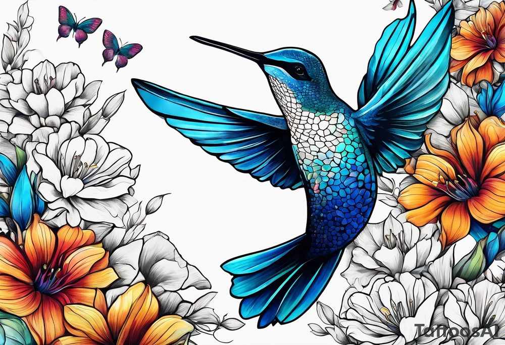 flowers, bold color, collage, blue whale, hummingbird tattoo idea