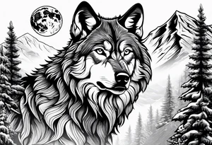 Wolf head in front of snowy mountains howling at a moon tattoo idea