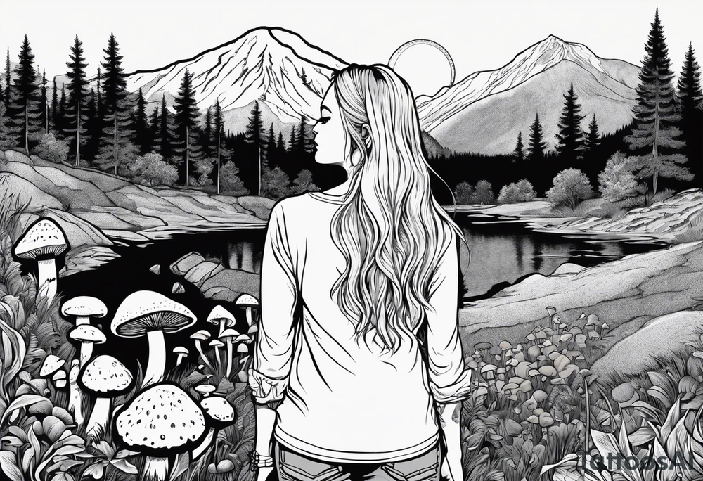 Whole picture encircled fully

Straight long blonde hair hippie girl in distance holding mushrooms in hand facing away toward mountains and creek surrounded by mushrooms long sleeve shirt and hiking pants; whole rendering within a full circle, no cut off circle tattoo idea
