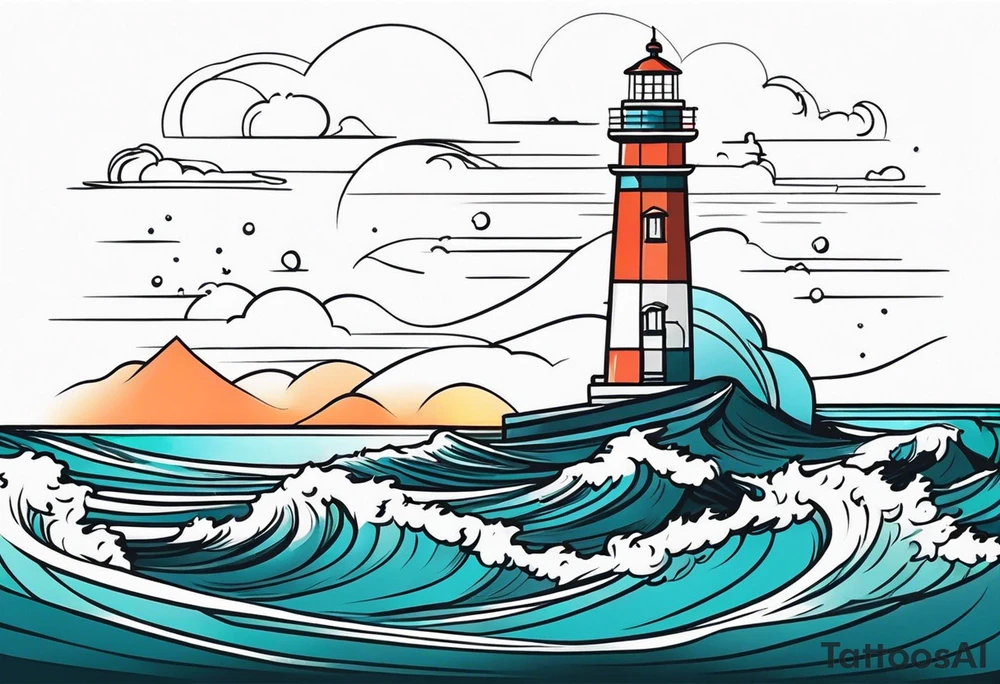 lighthouse at the ocean and waves, VERY minimalist, fine line great colored tattoo idea