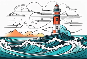 lighthouse at the ocean and waves, VERY minimalist, fine line great colored tattoo idea