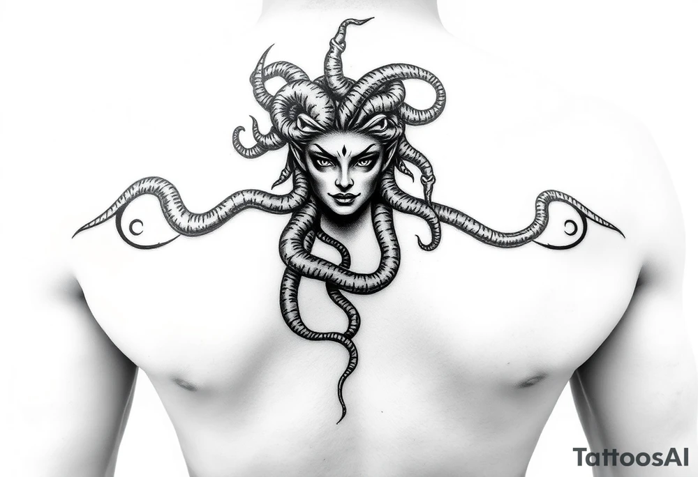 A Beautiful sexy Medusa chest peice with her snake hair reaching my arms and shoulder. Black and white, realistic tattoo idea